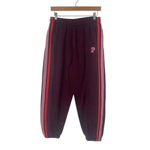 PINK Victoria's Secret Burgundy Jogger Sweatpants Embroidered Logo Striped M